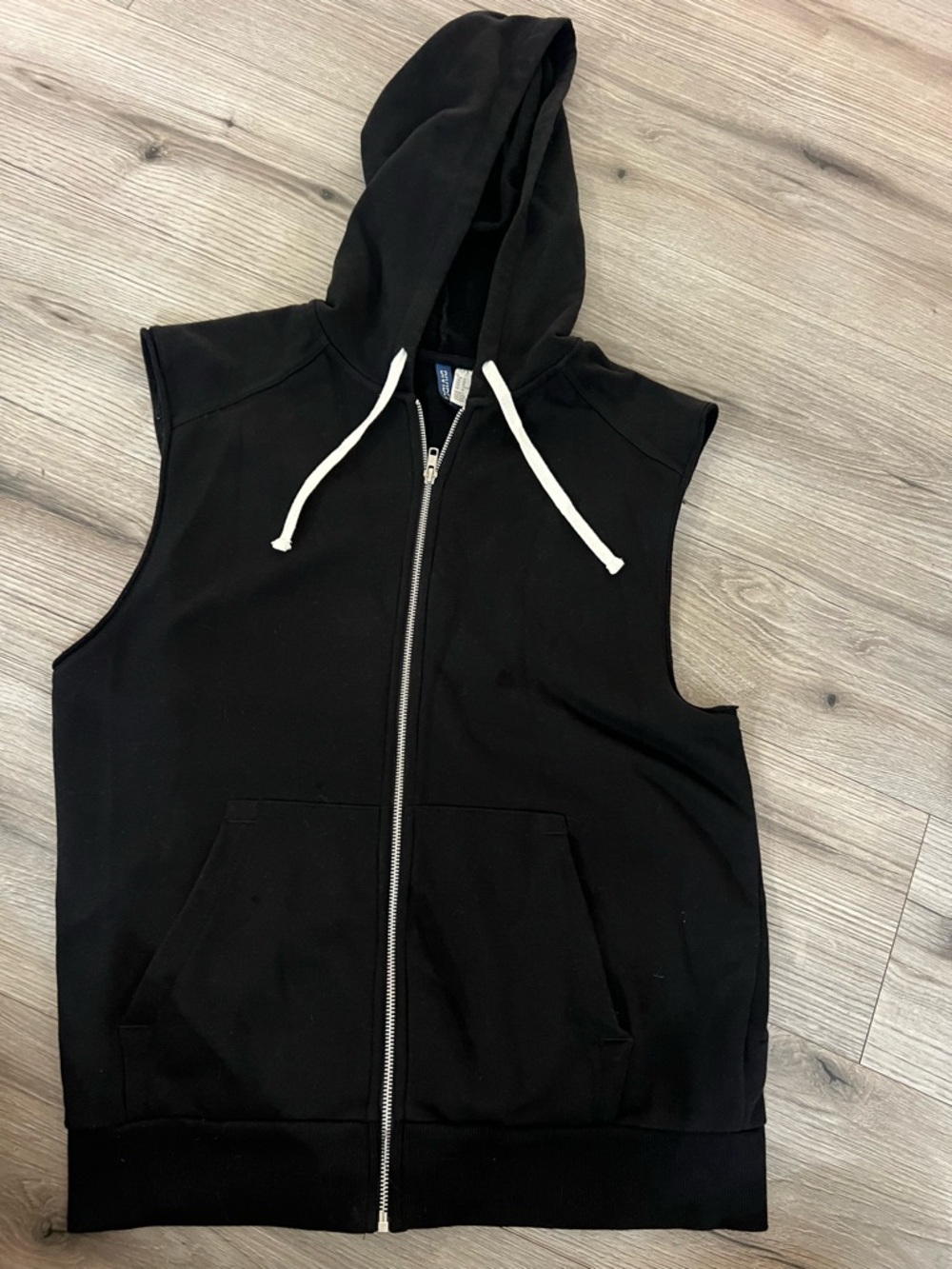 H&M Black Sleeveless Zip Hoodie with White Drawstrings
